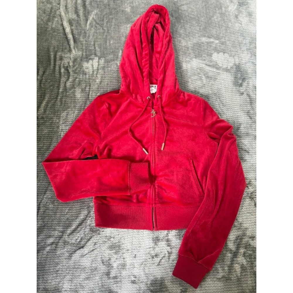 Juicy Couture Red Velour Zip Up Hoodie Crop Rhinestone Gold J Pull Small